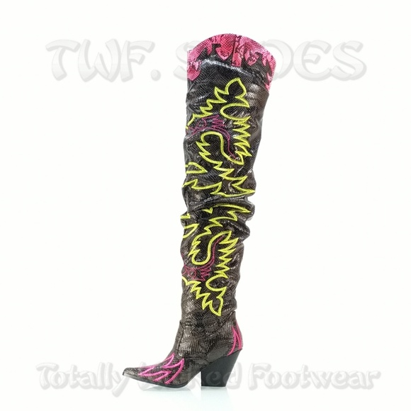 Thigh High Western cowboy slouch boots black neon - Picture 16 of 16